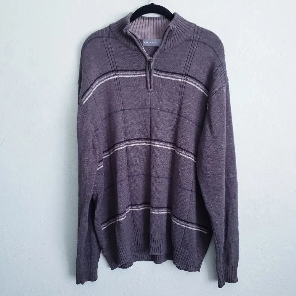 Oscar De La Renta Gray Stripped Quarter Zip Pullover Cotton Sweater